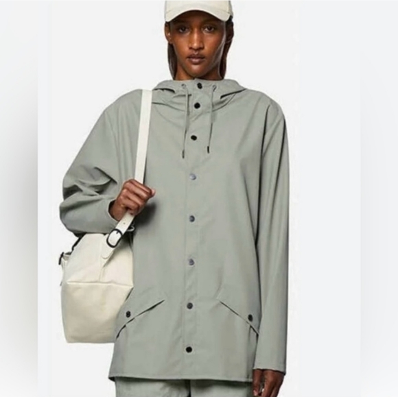 NWT Rains Hooded Raincoat Hooded Jacket Cement Gray Waterproof Unisex Small - Picture 1 of 5